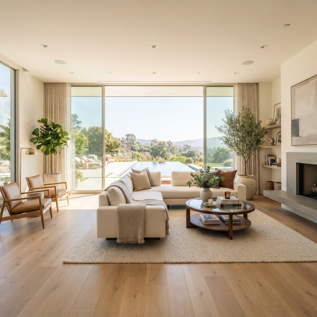 Bright modern luxury living room interior with floor-to-ceiling windows